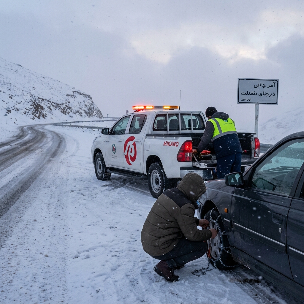 آآماده‌سازی خودرو برای زمستان - نصب زنجیر چرخ توسط امدادگر میکانو
